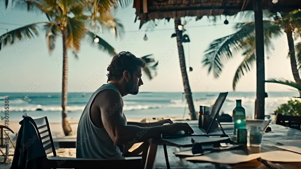 Remote Work Setup with Beachfront View in Tropical Paradise