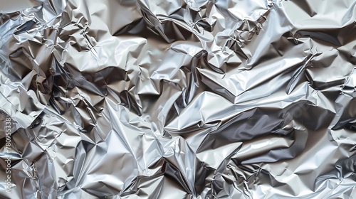 A blank glued aluminum foil texture, background or wallpaper, featuring a crumpled abstract surface from wrapping paper, creating a wrinkled shiny silver foil for various design applications