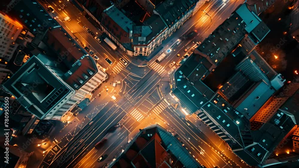 Aerial View of Busy Urban Intersection at Dusk