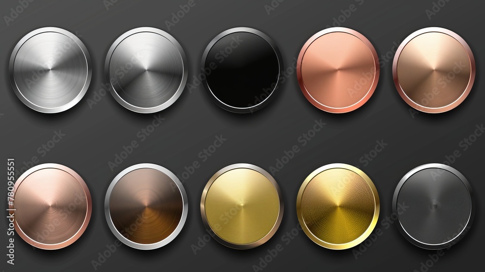 A set of metal chrome circle buttons is presented in vector format, featuring metallic rose gold, bronze, silver, steel, holographic, and golden badges for diverse design applications A set of metal chrome circle buttons is presented in vector format, featuring metallic rose gold, bronze, silver, steel, holographic, and golden badges for diverse design applications