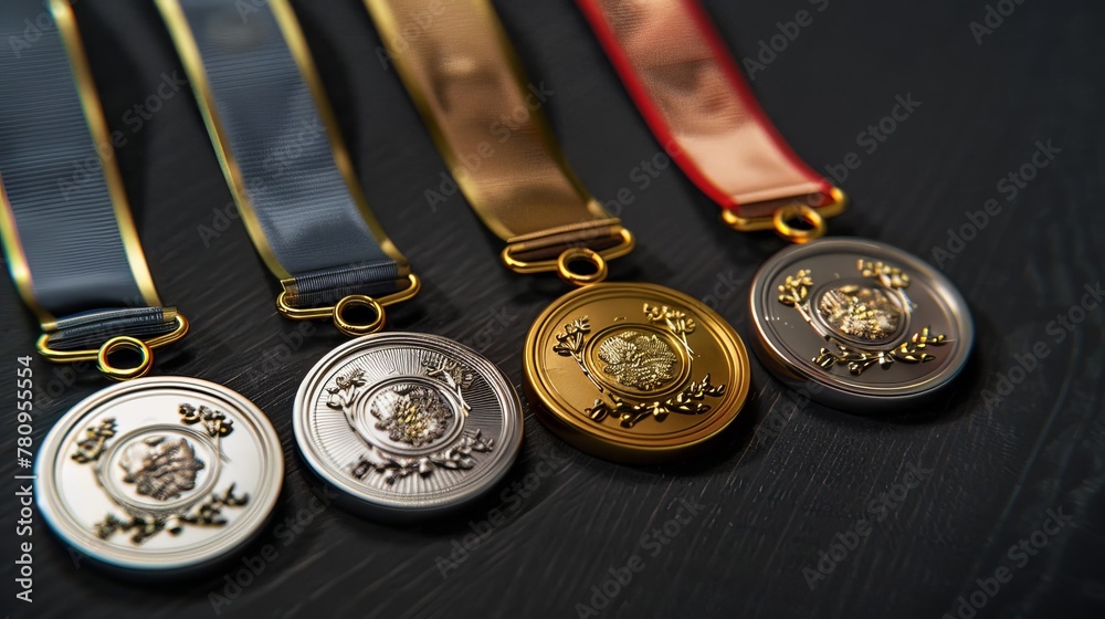 A set of four 3D rendered medals in platinum, gold, silver, and bronze is illustrated, highlighting the various levels of achievement and recognition A set of four 3D rendered medals in platinum, gold, silver, and bronze is illustrated, highlighting the various levels of achievement and recognition