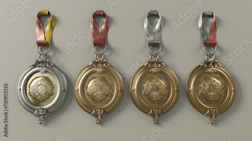 A set of four 3D rendered medals in platinum, gold, silver, and bronze is illustrated, highlighting the various levels of achievement and recognition