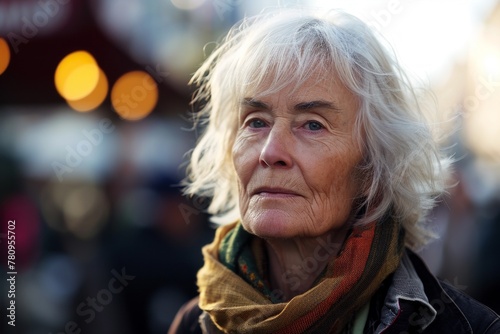 Portrait of an elderly woman on the background of the Christmas market