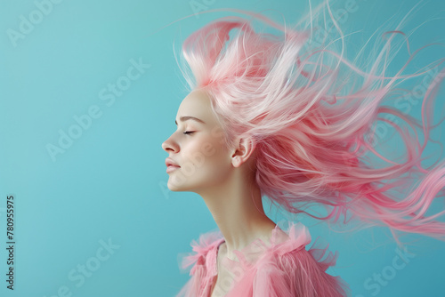 Woman profile with strands of vivid pink hair fly about in a dynamic and visually striking manner against a solid blue background.