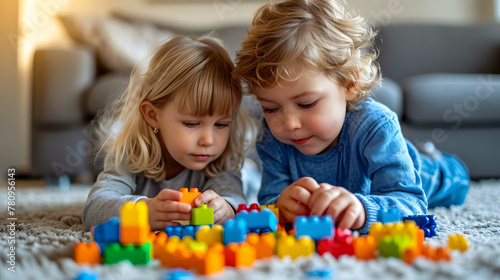 Diverse Children Playing Together with Blocks
