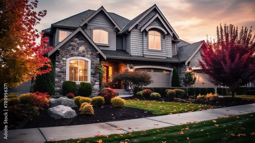 House with a beautiful landscaped yard and driveway in the fall.