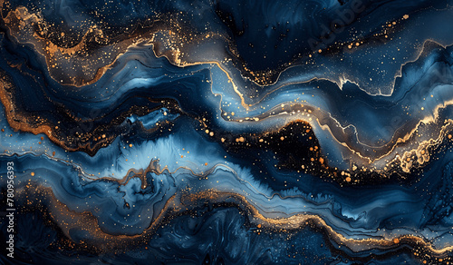 Abstract background featuring shades of blue and gold swirling together in a marble pattern. colors blend seamlessly to create a mesmerizing and visually striking background, Generative AI.