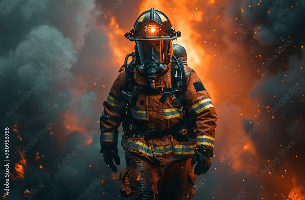 Generate a striking photo of a firefighter in full uniform against the backdrop of flames. firefighter as a hero bravely facing the flames to protect lives and property, Generative AI. Generate a striking photo of a firefighter in full uniform against the backdrop of flames. firefighter as a hero bravely facing the flames to protect lives and property, Generative AI.