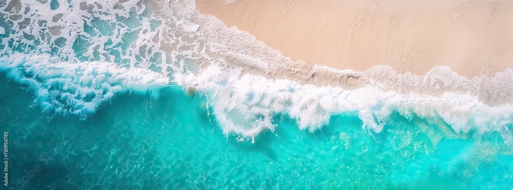 Relaxing aerial beach scene, summer vacation holiday template banner. Waves surf with amazing blue ocean lagoon, sea shore, coastline. Perfect aerial drone top view. AI generated illustration