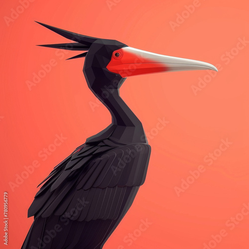 Artistic geometric representation of a black frigatebird against a minimalist orange background.