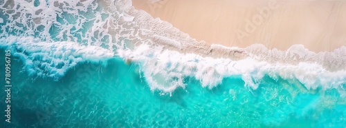 Relaxing aerial beach scene, summer vacation holiday template banner. Waves surf with amazing blue ocean lagoon, sea shore, coastline. Perfect aerial drone top view. AI generated illustration