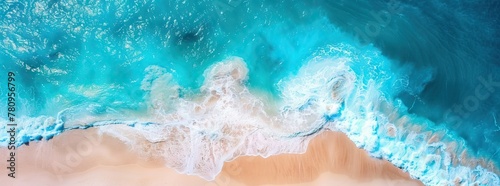 Relaxing aerial beach scene  summer vacation holiday template banner. Waves surf with amazing blue ocean lagoon  sea shore  coastline. Perfect aerial drone top view. AI generated illustration