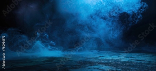 background of empty room, lamps, neon light, smoke, fog. AI generated illustration