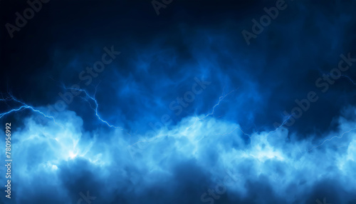 Realistic thunder light and blue smoke cloud bottom frame. Mysterious lightning glow border