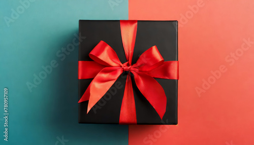 Top view photo of black gift box with red ribbon on two color background