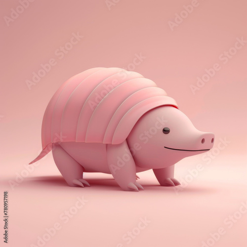 A charming and stylized illustration of a smiling pink armadillo  rendered in 3D against a soft pink backdrop.