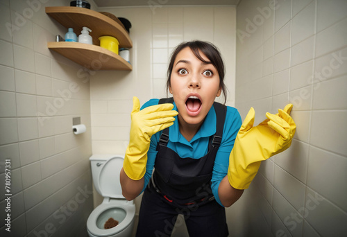 Female cleaner disgusted by life contents left in toilet bowl, toilet cleaning photo