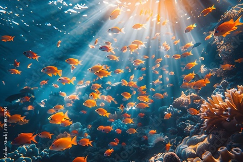 Creating an underwater scene with technology: Sun rays through coral reef in the ocean. Concept Underwater Scenes, Sun Rays, Coral Reef, Ocean Exploration, Technology Integration © Anastasiia