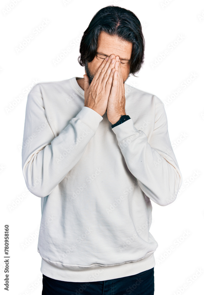 Middle age caucasian man wearing casual clothes rubbing eyes for fatigue and headache, sleepy and tired expression. vision problem Middle age caucasian man wearing casual clothes rubbing eyes for fatigue and headache, sleepy and tired expression. vision problem
