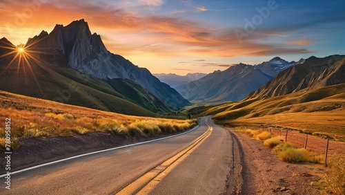 View from Below of an Empty Old Asphalt Road in the Mountains at Sunset