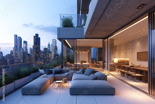 Contemporary urban rooftop terrace with city views and sleek furnishings