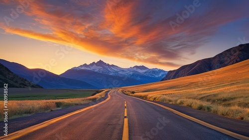 View from Below of an Empty Old Asphalt Road in the Mountains at Sunset © Koplexs-Stock