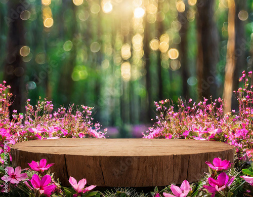 Elegant wood podium in the magical forest. Beautiful fuchsia and pink flowers and green plants.