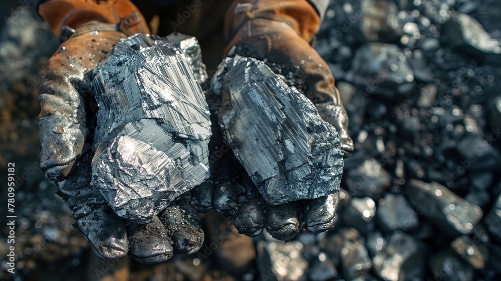 Miners are depicted holding platinum or silver or rare earth minerals found in a mine for inspection, emphasizing the discovery and evaluation process in mining - obrazy, fototapety, plakaty 