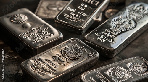 Multiple imperfect stacks of 100g Medici platinum bullions are displayed, bars polished and embossed with "Bank of the Medici" and "One does not sue truth for profit," free of copyrighted elements