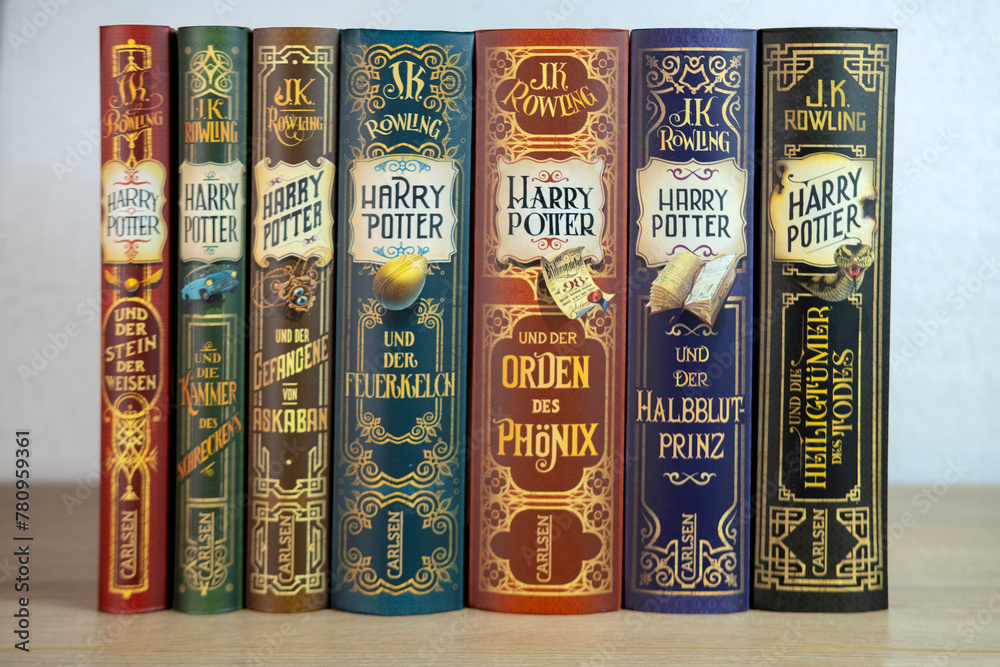 Obraz premium J.K. Rowling's Harry Potter books in various editions, evoking sense wonder and excitement for readers all ages, and celebrating power imagination and storytelling, Frankfurt - December 22, 2023