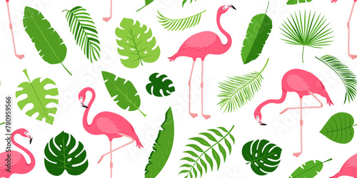 Palm leaf and flamingo seamless pattern, tropical tree and swan background, jungle plant, exotic foliage and bird print. Cartoon summer floral and animal textile. Hawaiian vector illustration © Sylfida