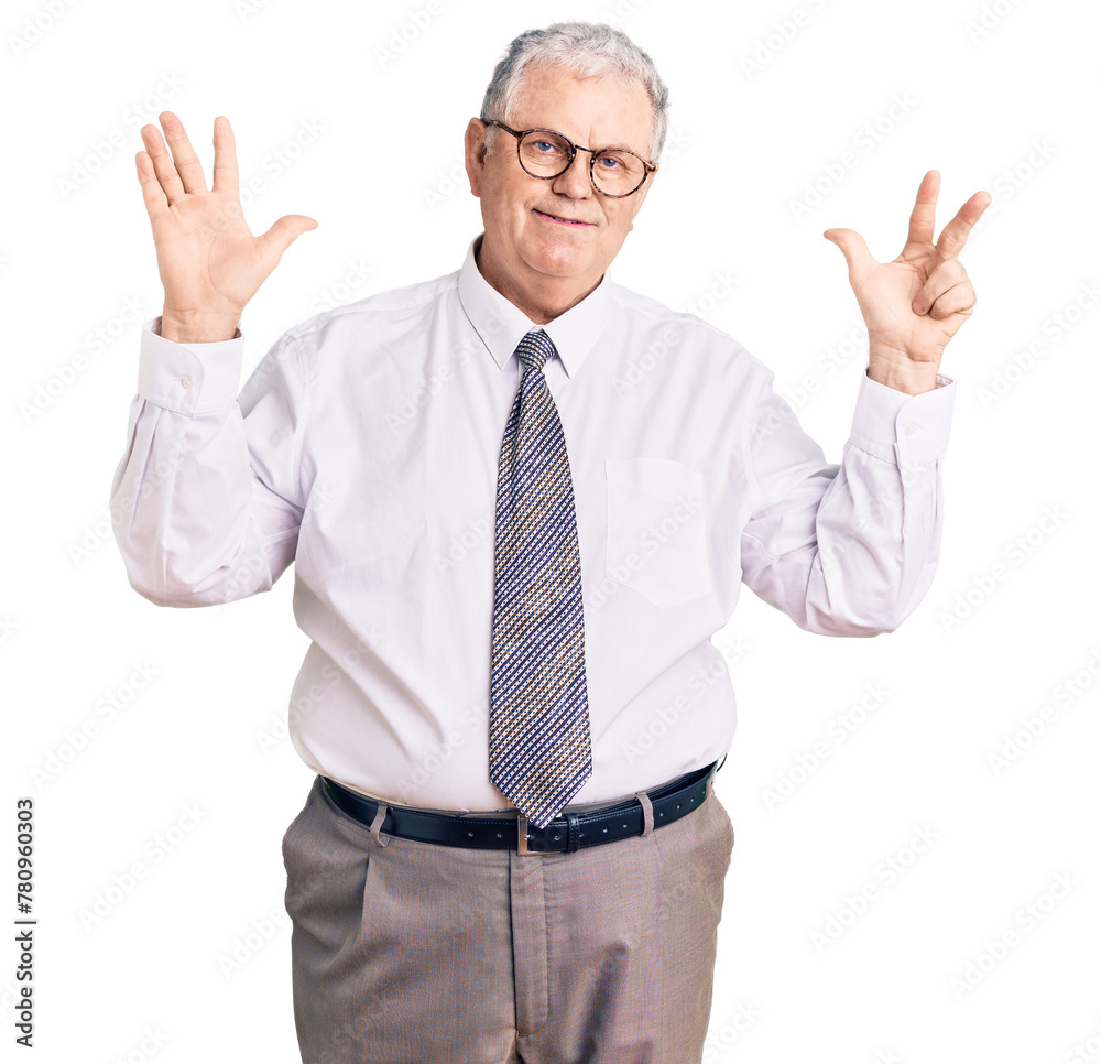 Senior grey-haired man wearing business clothes showing and pointing up with fingers number eight while smiling confident and happy. Senior grey-haired man wearing business clothes showing and pointing up with fingers number eight while smiling confident and happy.