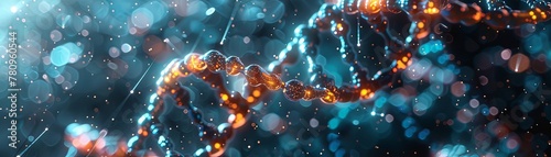 Digital illustration of a glowing DNA double helix with a backdrop of blue and orange bokeh lights.