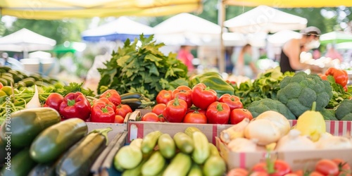 A vibrant farmer s market scene with fresh vegetables and fruits on display  celebrating organic and local produce