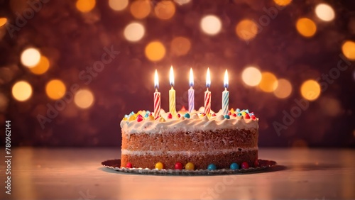 5th Birthday cake with 5 candles, bright lights bokeh with copy space for text