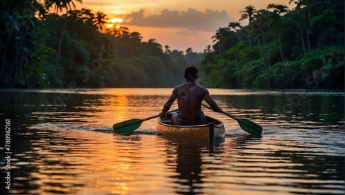Ribeirinhos navegando em uma canoa, em um rio tributário do Rio Amazonas, Brasil photo