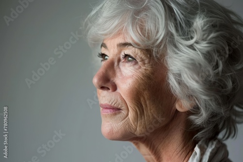 Portrait of a sad senior woman on gray background, close up