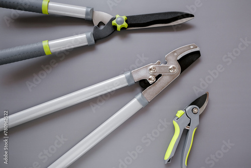 Steel Garden tool set on gray background.Secateurs, loppers and hedge trimmers.Garden equipment and tools.Tools for pruning and trimming plants.Plants Pruning Tool. 