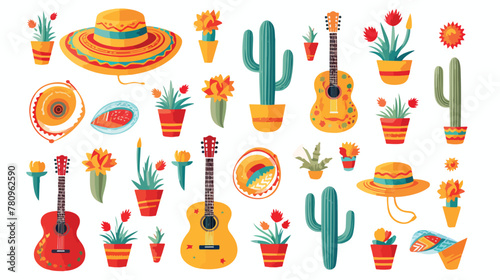 Cartoon set of mexican party accessories isolated o