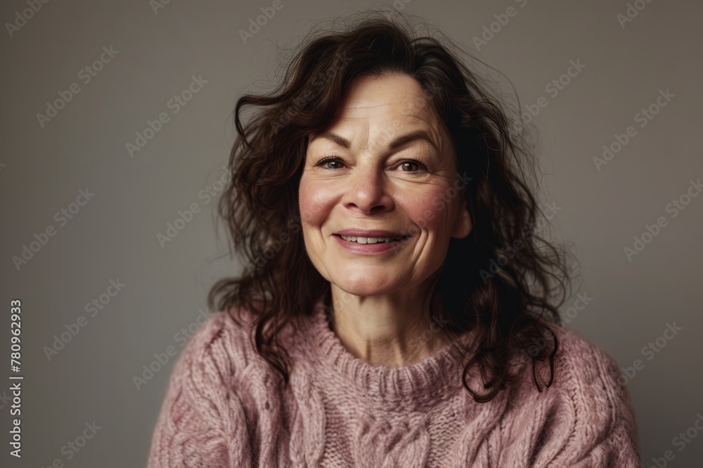 Portrait of a smiling middle aged woman in a pink sweater. Portrait of a smiling middle aged woman in a pink sweater.