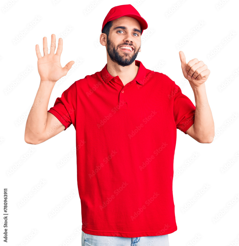 Young handsome man with beard wearing delivery uniform showing and pointing up with fingers number six while smiling confident and happy. Young handsome man with beard wearing delivery uniform showing and pointing up with fingers number six while smiling confident and happy.