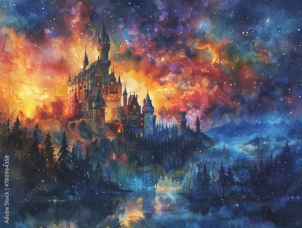 Fantasy Castle in Cosmic Watercolor Landscape