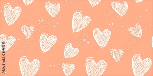 White hand-drawn hearts on a peach background, creating a seamless design photo