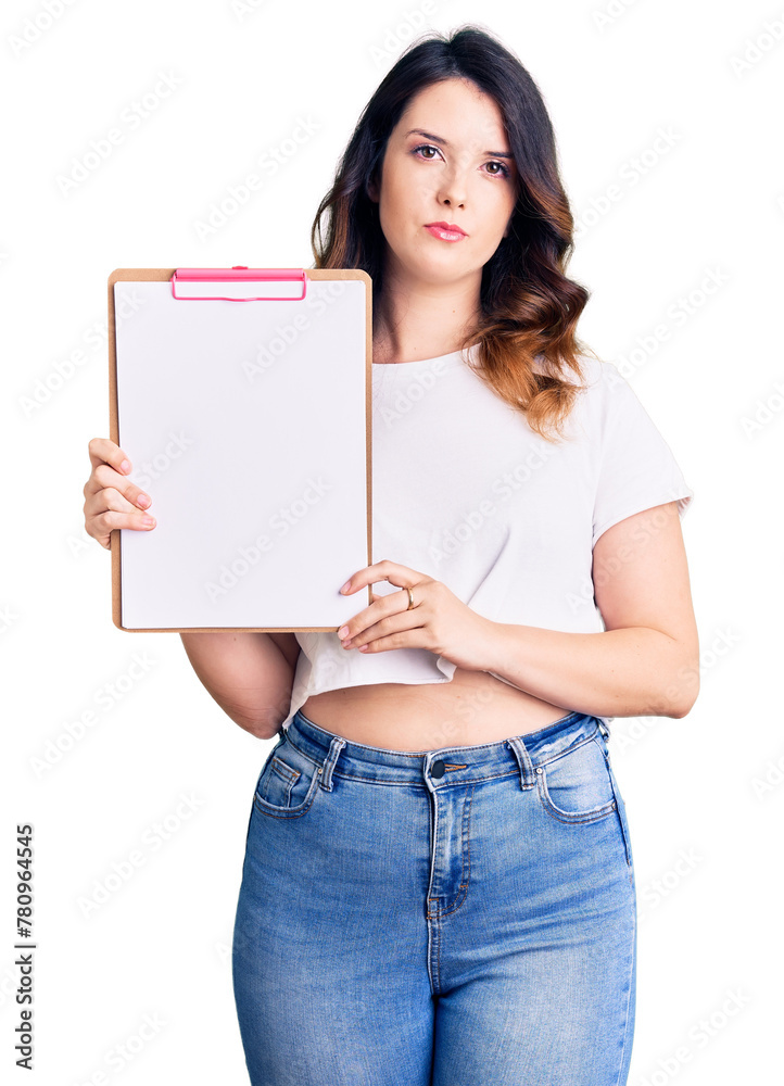 Beautiful young brunette woman holding clipboard with blank space thinking attitude and sober expression looking self confident Beautiful young brunette woman holding clipboard with blank space thinking attitude and sober expression looking self confident