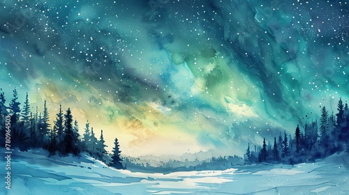 Northern Lights Over Winter Mountain Landscape