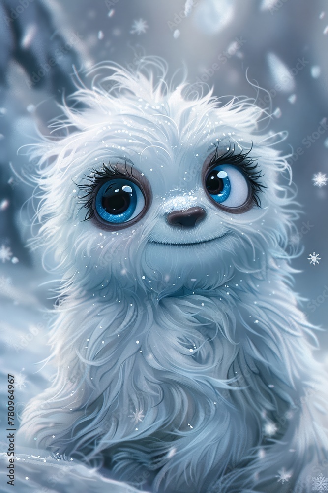 Obraz premium The cute little yeti with its enigmatic stare watches as snowflakes twirl around, mesmerizing all with its captivating eyes.