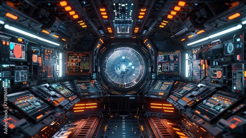 In the spaceship's control room, advanced technology and futuristic equipment are being utilized. photo