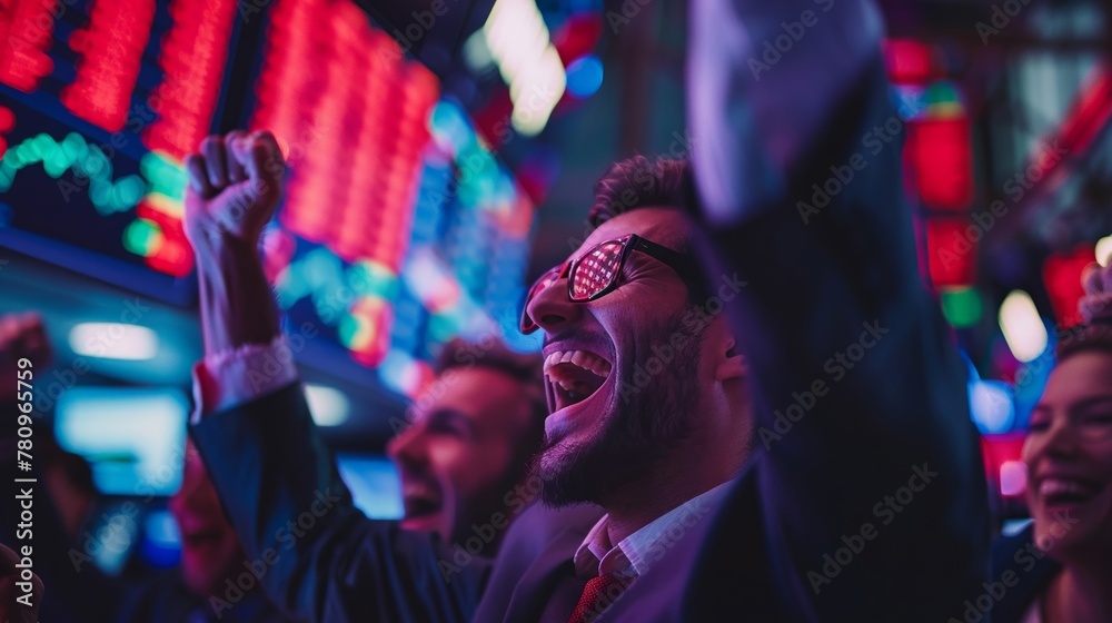 Investors cheer joyously after closing a profitable deal.