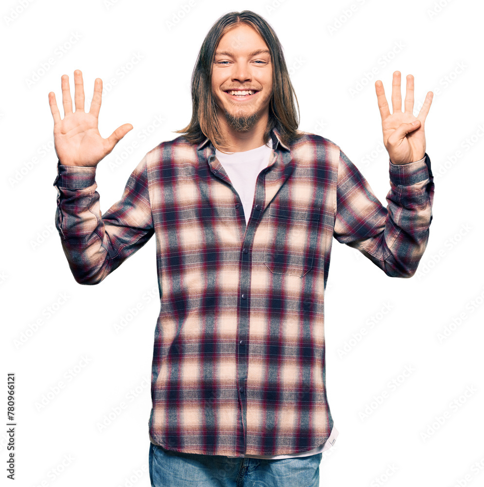 Handsome caucasian man with long hair wearing hipster shirt showing and pointing up with fingers number nine while smiling confident and happy. Handsome caucasian man with long hair wearing hipster shirt showing and pointing up with fingers number nine while smiling confident and happy.