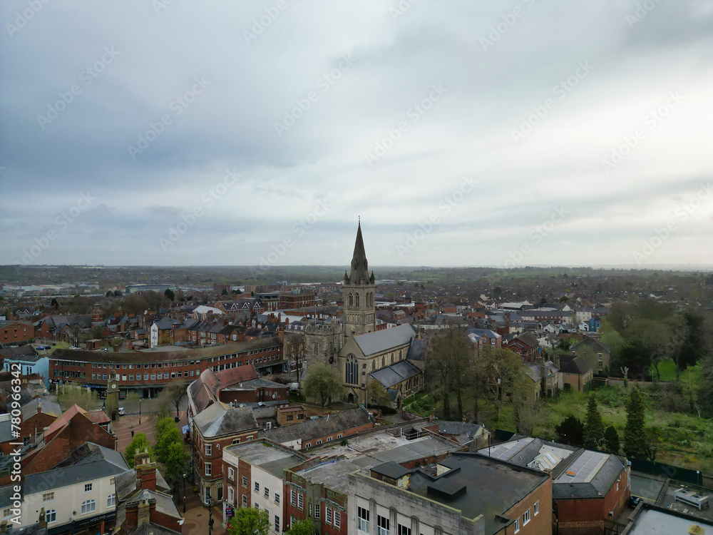 Aerial Footage of Central Rugby City of England During Cloudy and Windy Evening. Great Britain